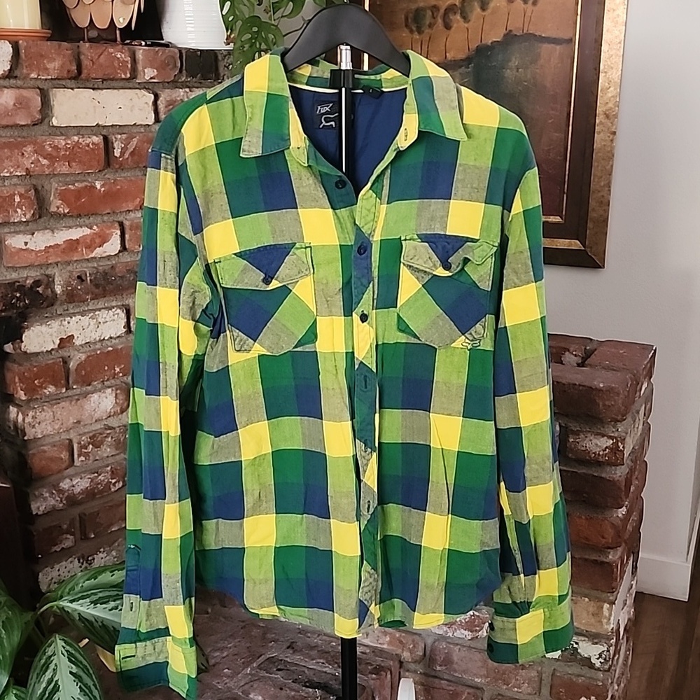Fox Racing Men’s Green Yellow Plaid Button Up Shirt Moto Streetwear